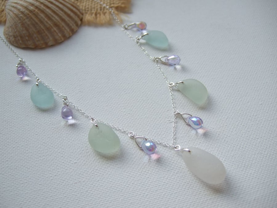 Seaham White Sea Foam Beach Glass Necklace, Alexandrite Beads Sterling