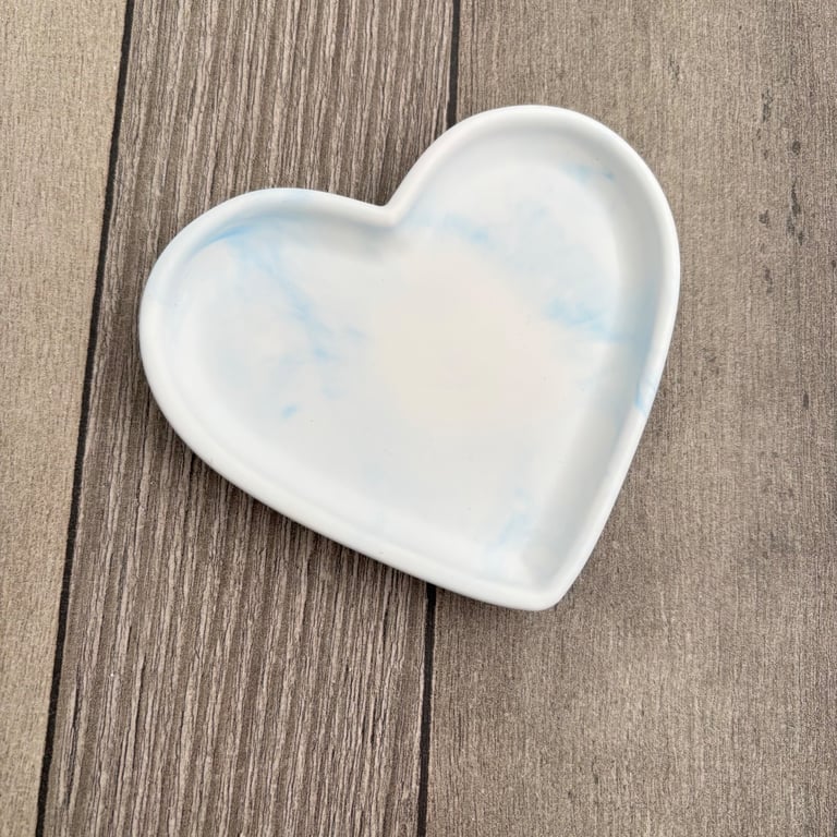 Pale Blue and White Marbled Heart Trinket Tray - Ceramic Style Jewellery Dish