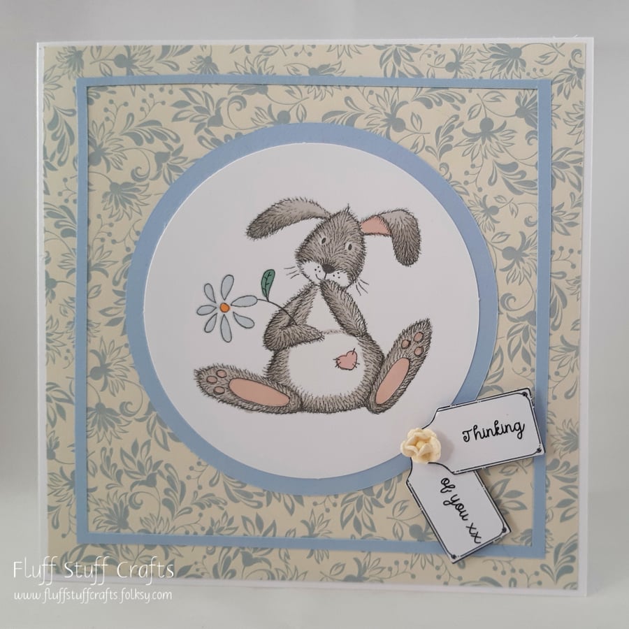 Handmade Thinking of you card - bunny with flower