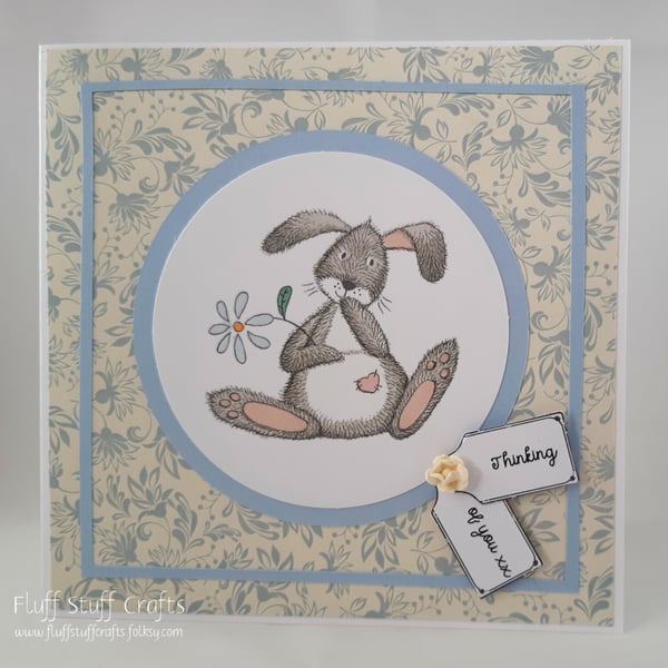 Handmade Thinking of you card - bunny with flower