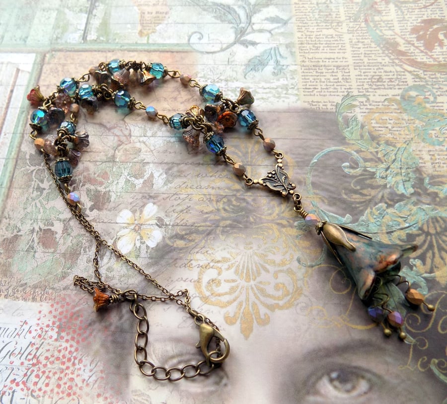 Copper Turquoise Blue "Illusion of Time" Hand Painted Lucite Flower Necklace