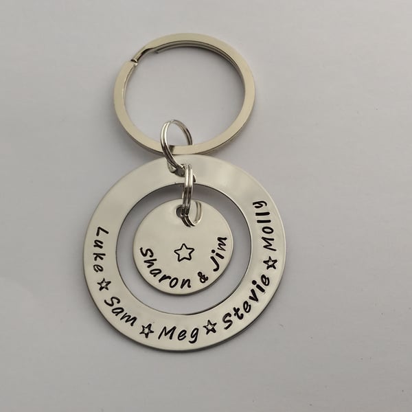 Hand Stamped personalised circle grandchildren children name birthdate keyring