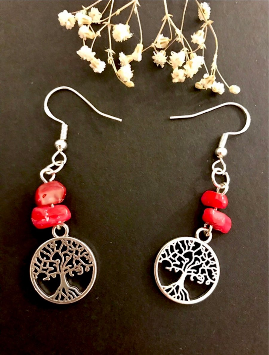 Handmade Tree of Life with 'Red Root Chakra' Beads Earrings (925 Silver Hooks)