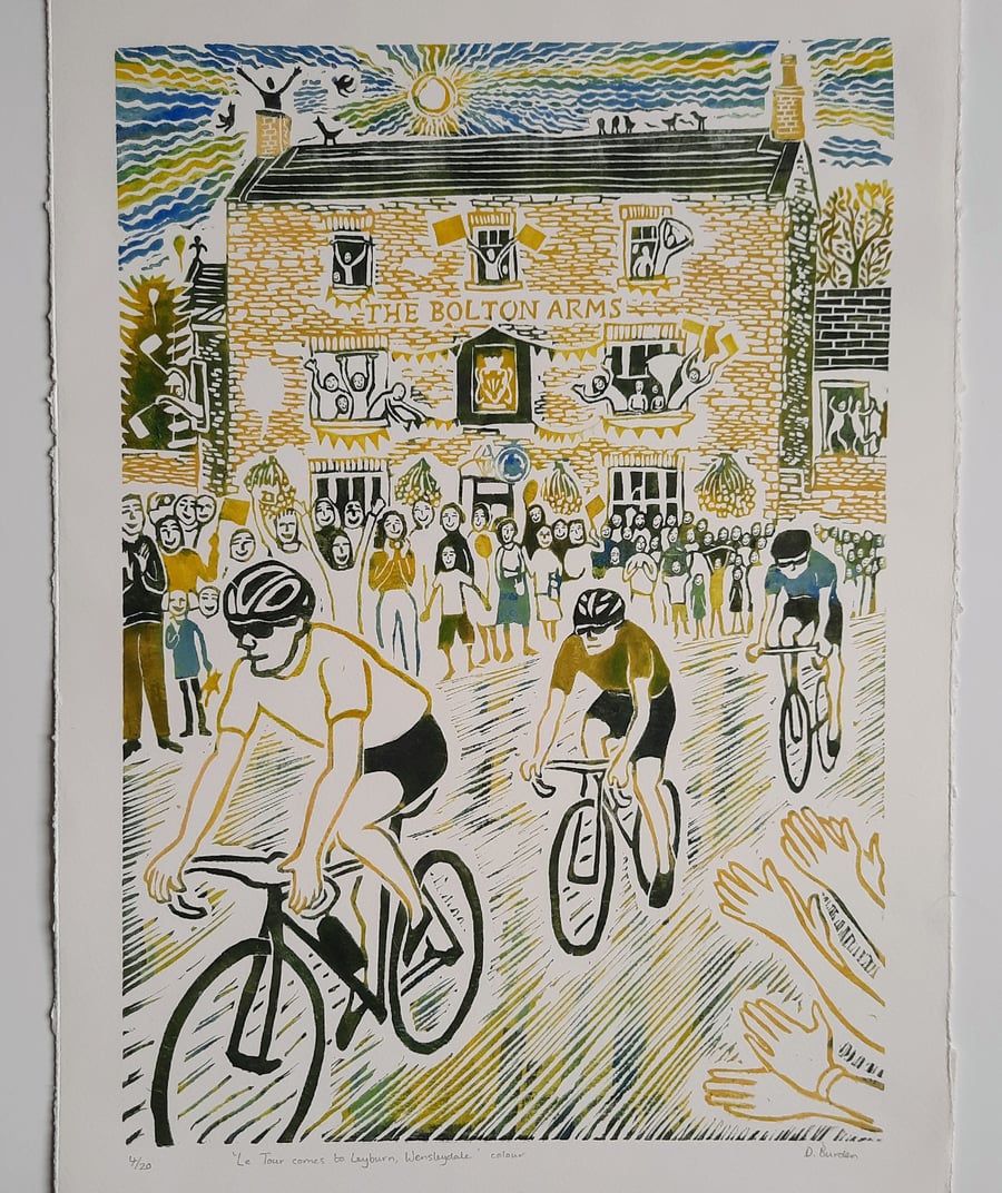 Large limited edition linoprint of cyclists in Le Tour 