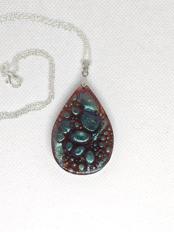 Dinosaur Skin Resin Pendant Necklace: Iridescent Teal Copper, Silver Plated
