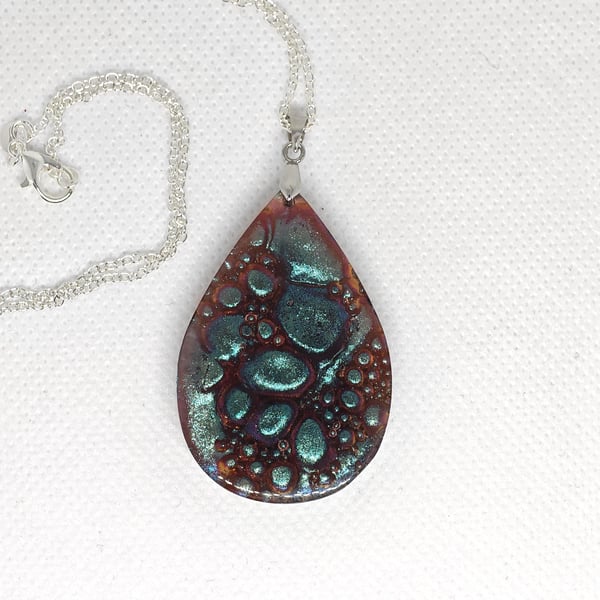 Dinosaur Skin Resin Pendant Necklace: Iridescent Teal Copper, Silver Plated