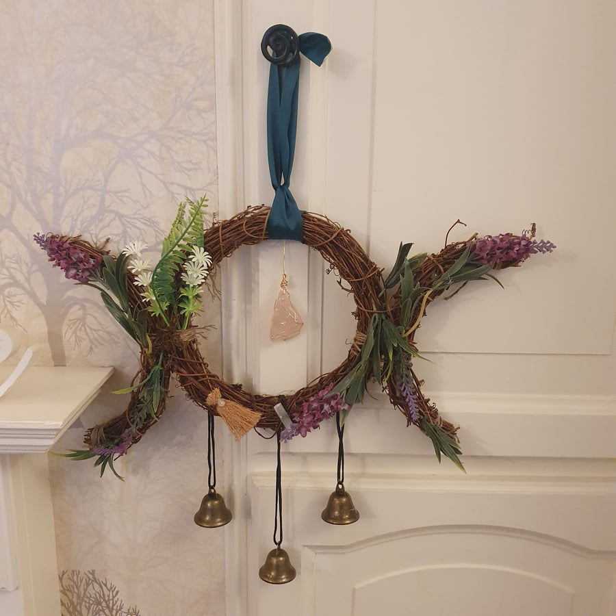 Triple Moon Goddess Wreath: Crystal, Witch Bells, Home Protection
