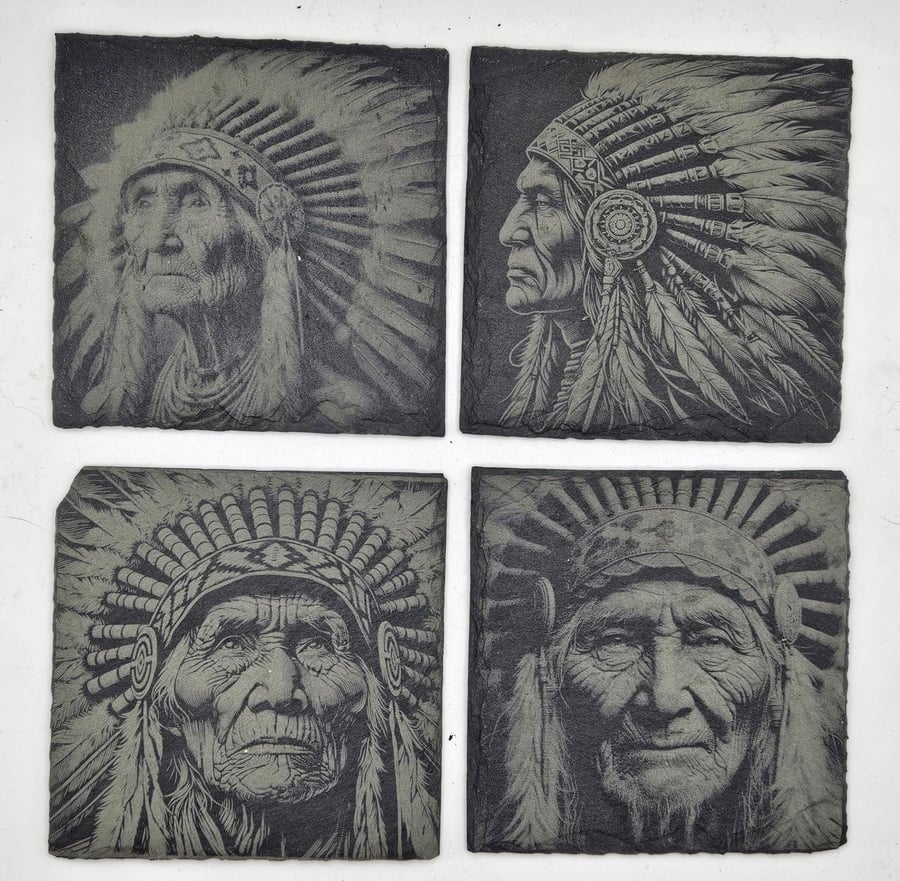 Image of Native American Slate Coasters Set of 4, Engraved Tribal Portrait Coasters, 10cm