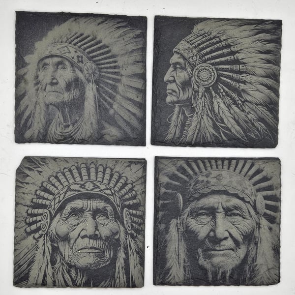 Native American Slate Coasters Set of 4, Engraved Tribal Portrait Coasters, 10cm
