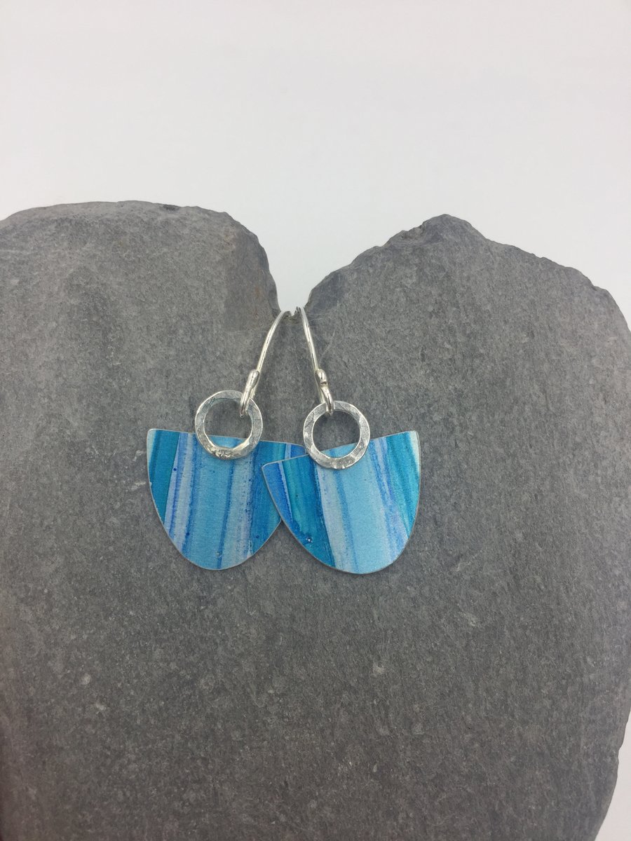 Stripy turquoise and blue dangly earrings with hammered silver ring.