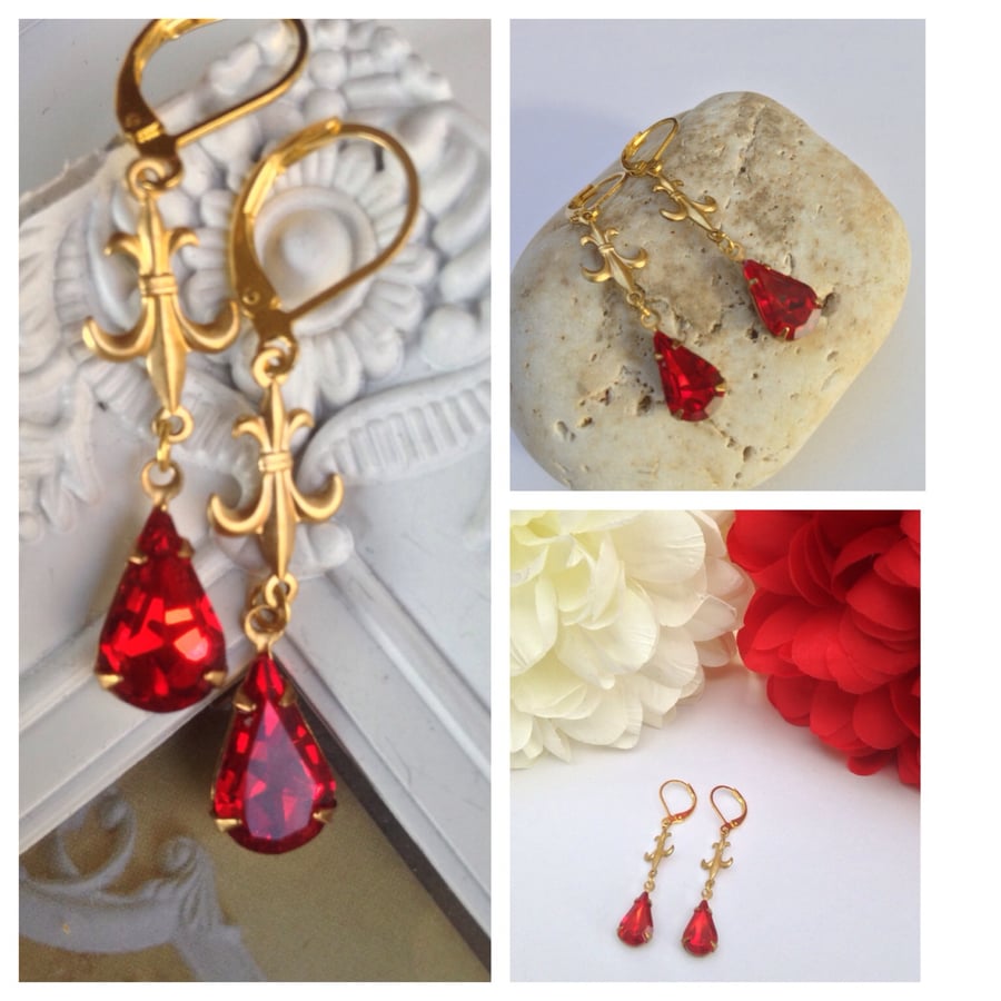  Ruby red vintage glass statement earrings set in golden brass