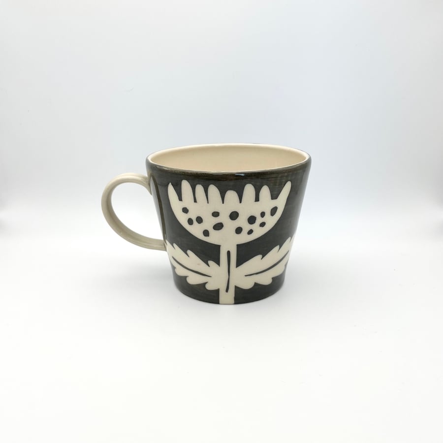 Handmade Mug for Tea Coffee Dark Grey Flower Mothers Day Birthday Pottery Gift
