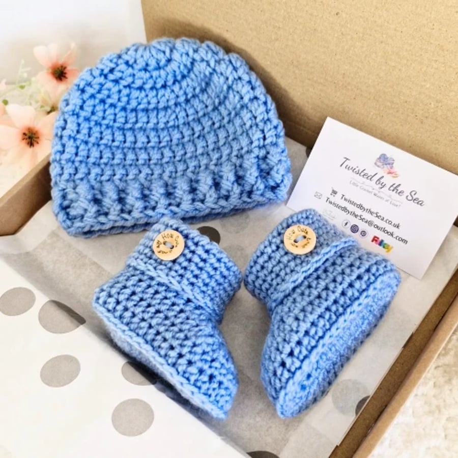 Handmade Crochet Baby Gift Set – Beanie Hat and Booties with Cute Button Detail