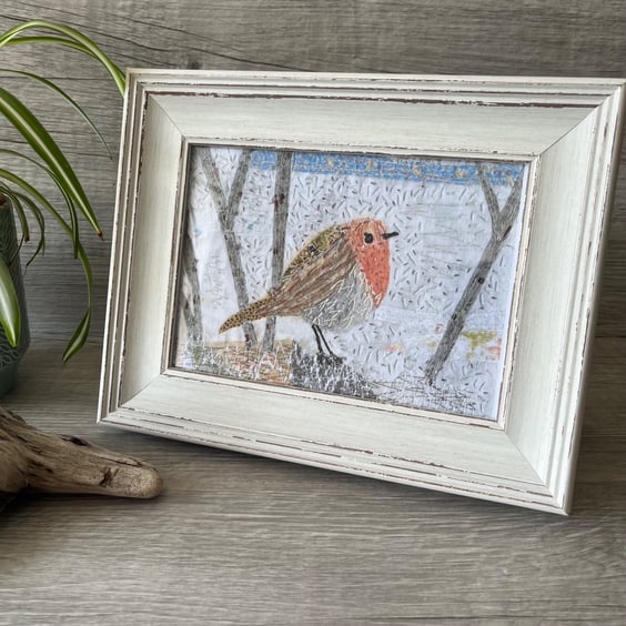 Framed Embroidered Robin Textile Art Print