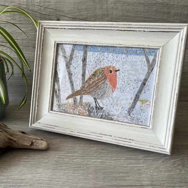 Framed Embroidered Robin Textile Art Print