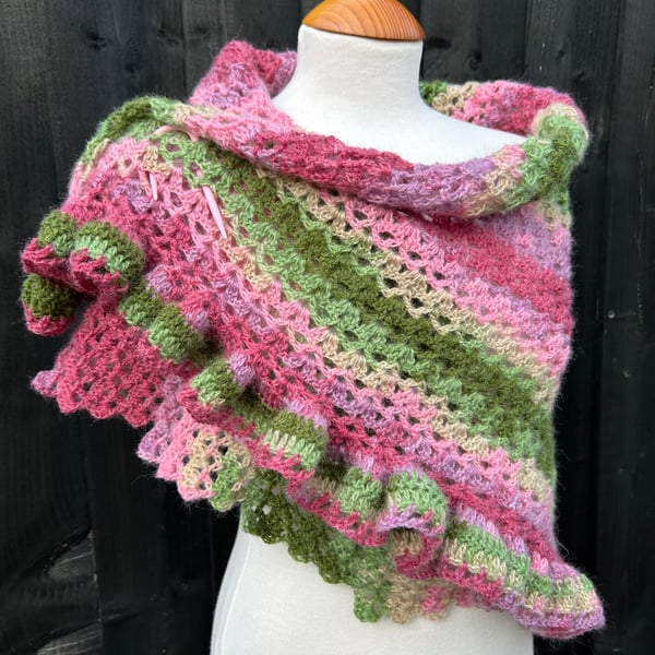 Asymmetrical Pink & Green Mohair Hand Knitted Lace Wrap Shawl Scarf 