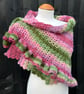 Asymmetrical Pink & Green Mohair Hand Knitted Lace Wrap Shawl Scarf  - Image 2