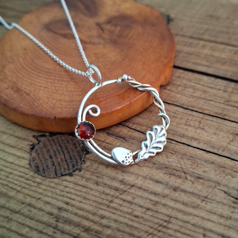 Handmade Acorn Oak Leaf Amber Silver Necklace