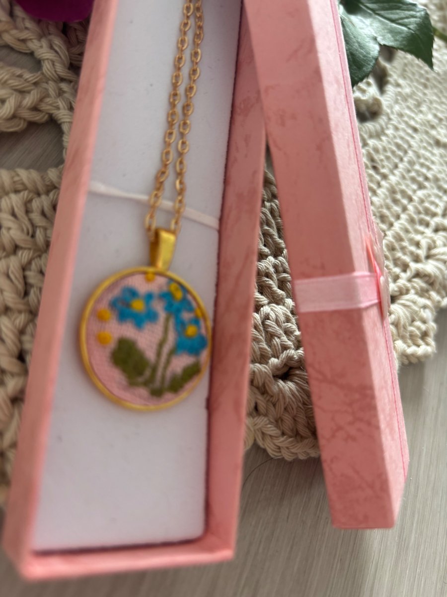 Embroidered Pendant Necklace -Forget me not blue  Floral- 