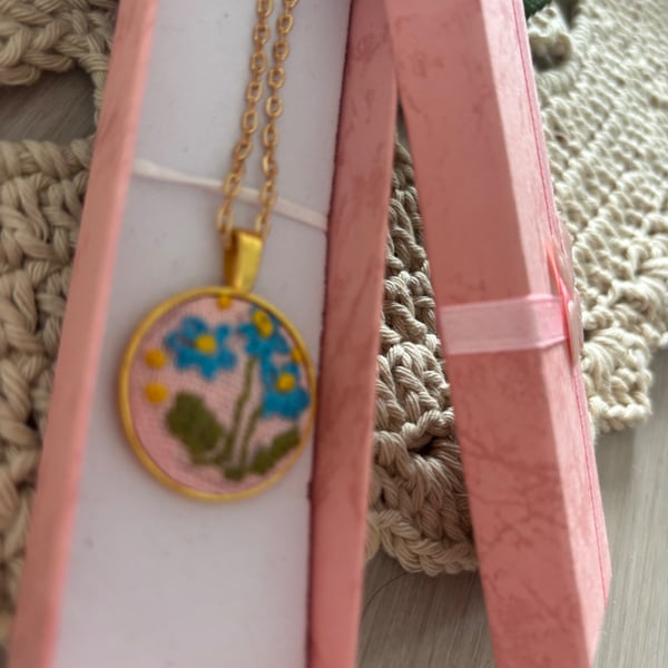 Embroidered Pendant Necklace -Forget me not blue  Floral- 