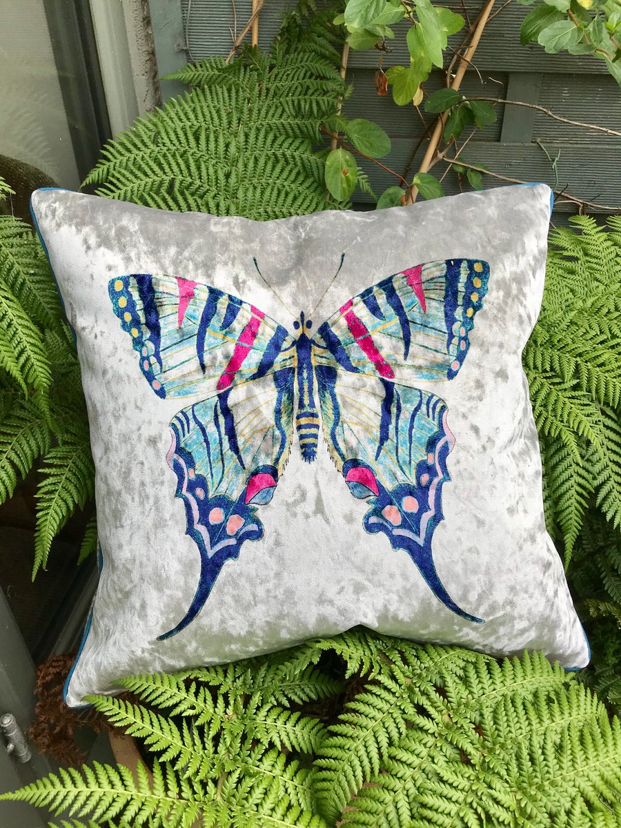 Velvet Butterfly cushion cover, Silver grey crushed velvet and check wool pillow