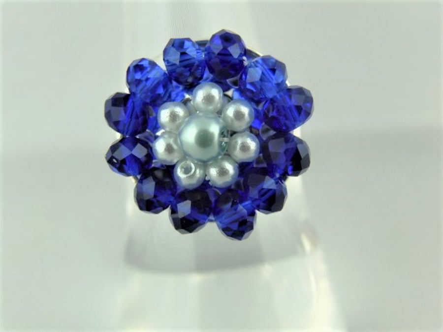 Blue Crystal and Pearl Beaded Ladies Adjustable Statement Ring