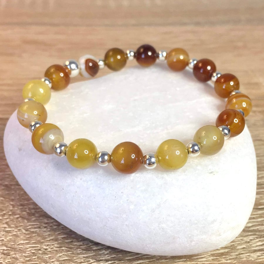 Gold Amber Banded Agate Gemstone Beaded Elasticated Bracelet 