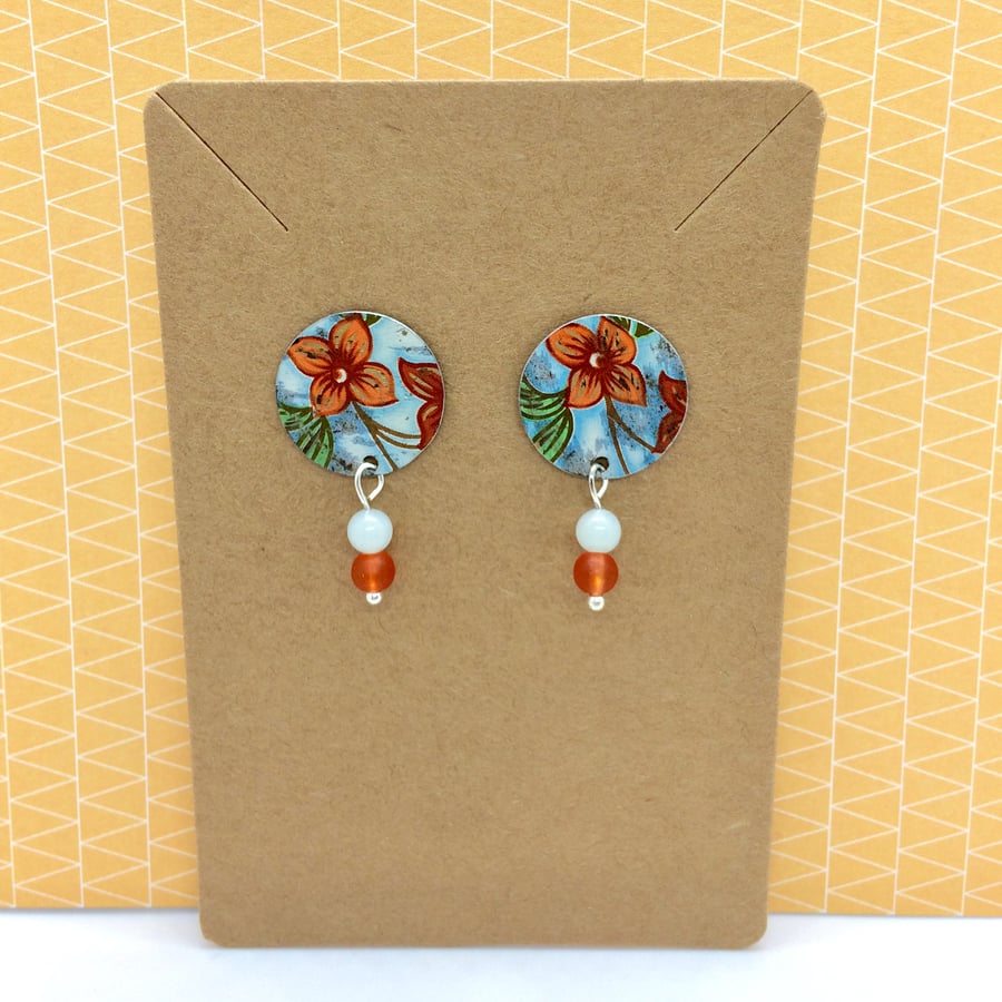 Recycled vintage tin orange and blue floral disc bead drop stud earrings