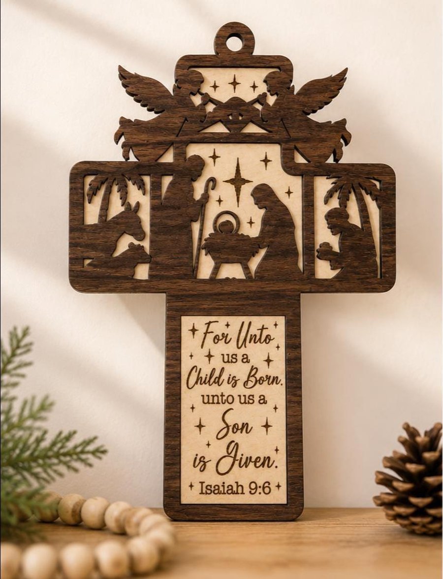 Nativity Cross Christmas Ornament Wooden Christian Decoration Isaiah 9:6 Ornamen