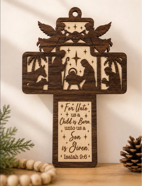 Nativity Cross Christmas Ornament Wooden Christian Decoration Isaiah 9:6 Ornamen