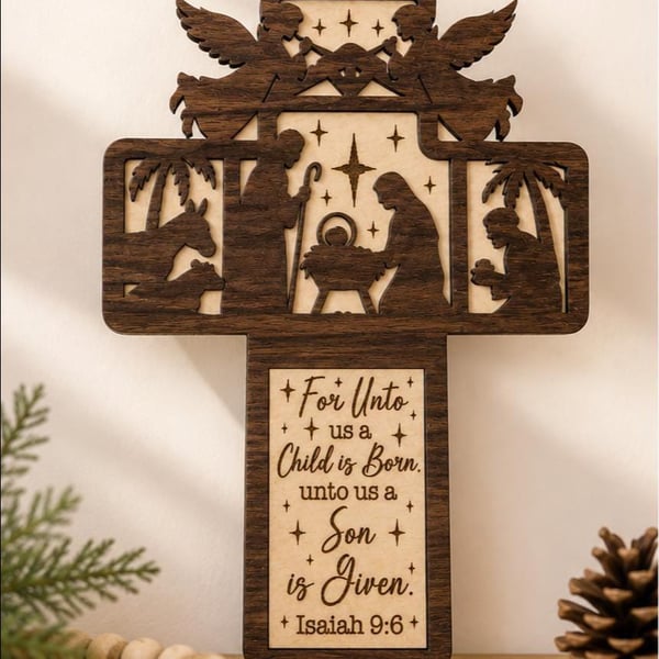 Nativity Cross Christmas Ornament Wooden Christian Decoration Isaiah 9:6 Ornamen