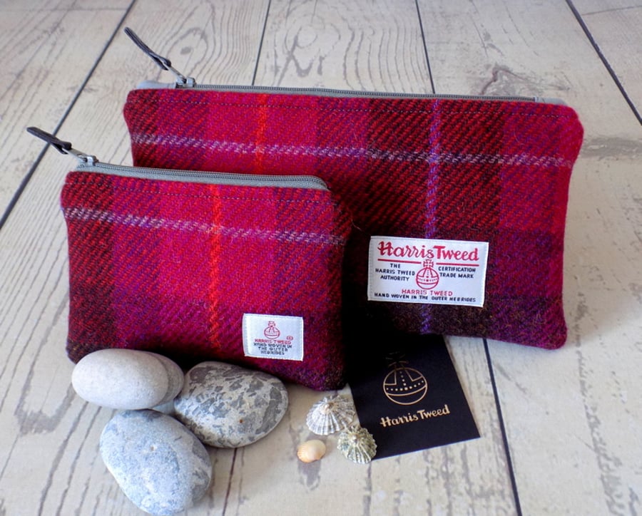 Harris Tweed gift set. Clutch and coin purse in cerise red and dark brown tartan