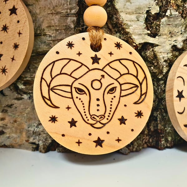 Aries Zodiac Star Sign Wooden Keyring, Celestial Gift, Pyrography, Astrology