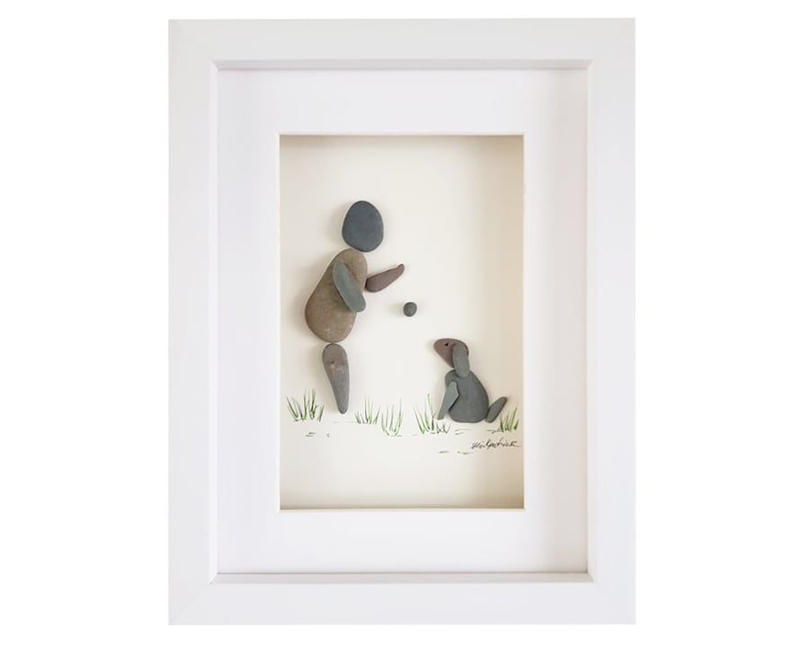 Owner and Sitting Dog - Pebble Picture - Framed Unique Handmade Art