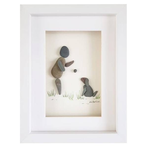 Owner and Sitting Dog - Pebble Picture - Framed Unique Handmade Art