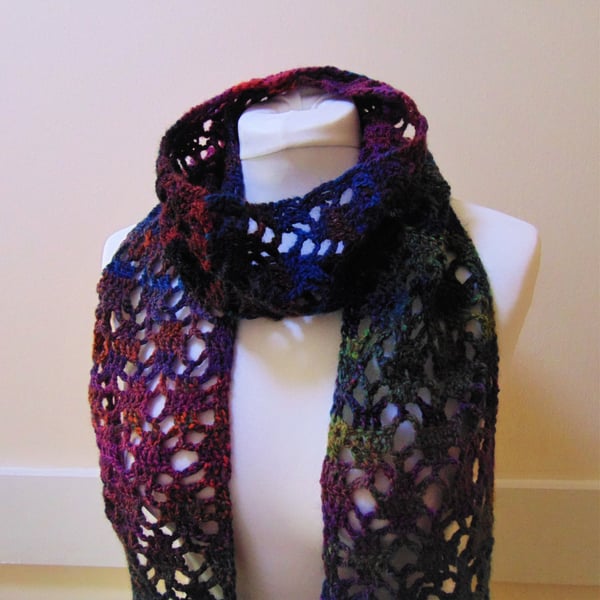 Multi Coloured Scarf, Elegant Scarf, Crochet Lace Scarf, Delicate Peacock Colour