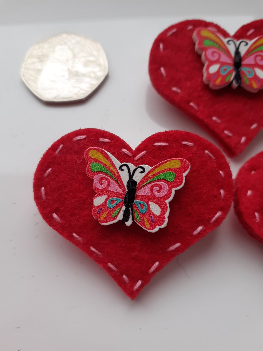 Butterfly brooch,heart pin,heart brooch,butterfly pin,nature brooch,felt brooch,