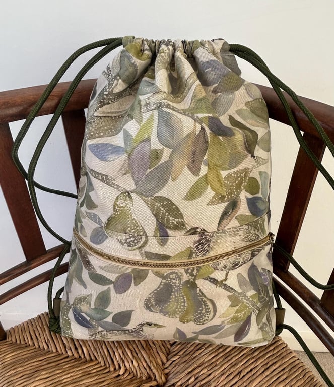 Partridge Fabric Backpack, Botanical Print Daypack, Gym Bag Women