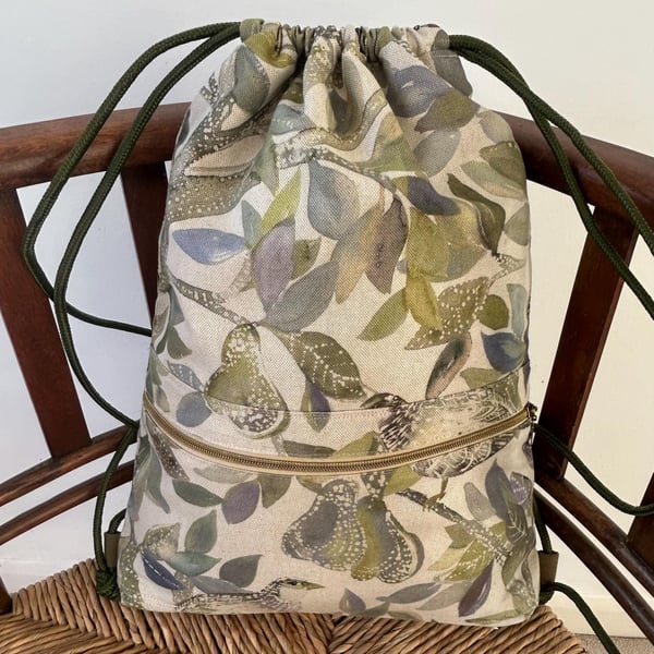 Partridge Fabric Backpack, Botanical Print Daypack, Gym Bag Women