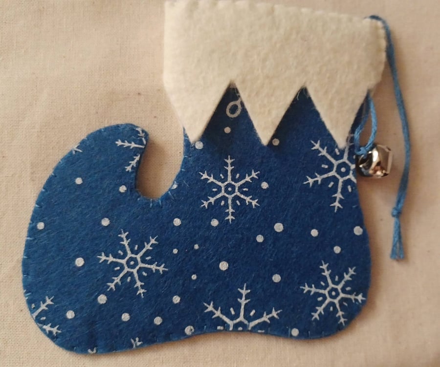 Handmade Elf Boot Christmas Hanging Navy and White