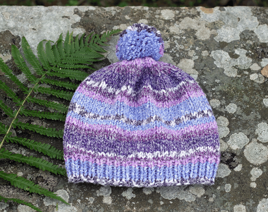 Knitted bobble beanie hat, women's chunky purple, blue, cream, grey cap, gift
