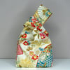 Reversible Japanese Knot Bag - Floral Fan Print - Gold Coloured Satin