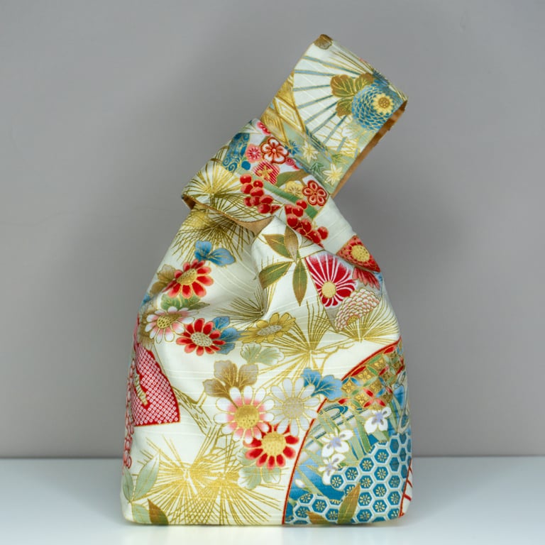 Re Japanese Knot Bag Reversible - Floral Fan Print - Gold Coloured Satin