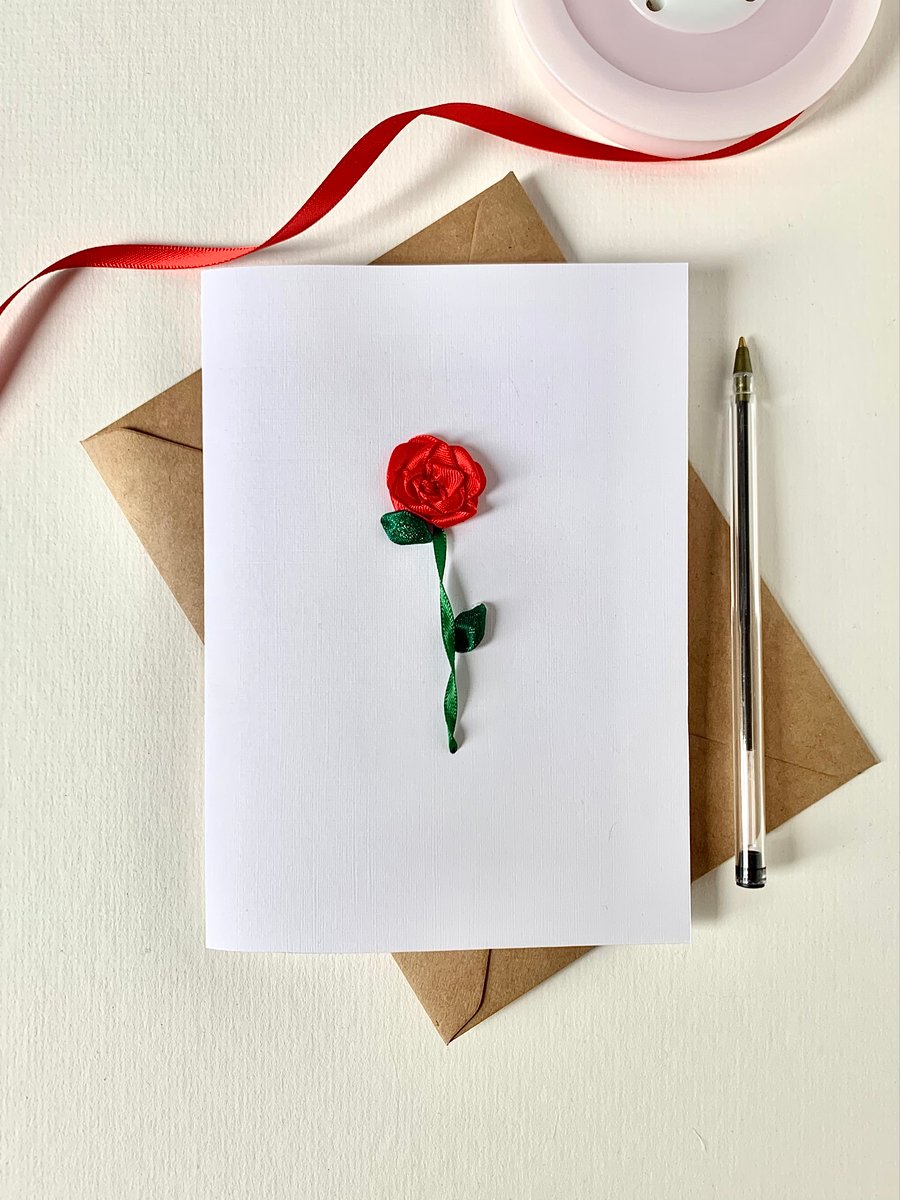 Miniature Red Rose Card . Valentines Rose . Mr and Mrs . Embroidered Rose Card 