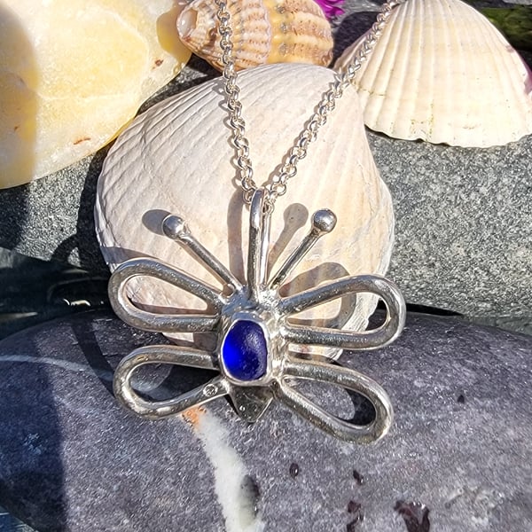 Colbalt blue butterfly seaglass pendant 