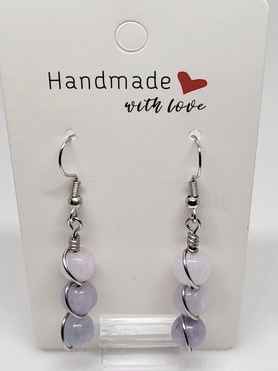 Grey Morganite Spiral Earrings Natural Stone Stainless Steel Handmade