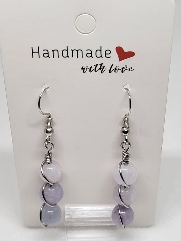 Grey Morganite Spiral Earrings Natural Stone Stainless Steel Handmade