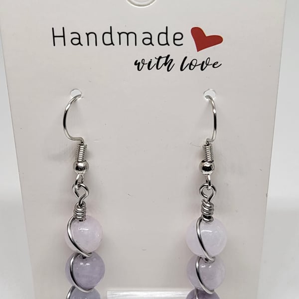 Grey Morganite Spiral Earrings Natural Stone Stainless Steel Handmade