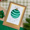 Card, hand painted original of a single Christmas bauble in green.