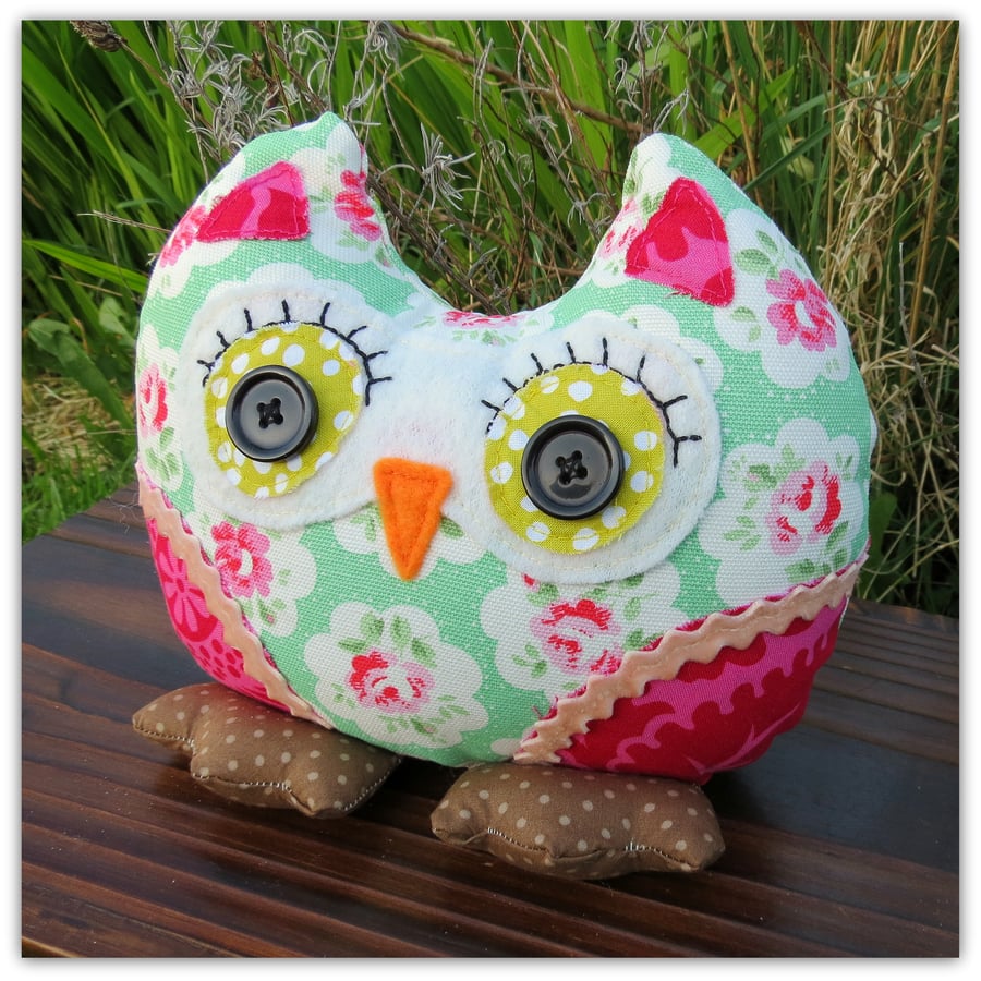 Rosebud, a sweet floral owl doorstop. Owl bookend. Shelf sitter.